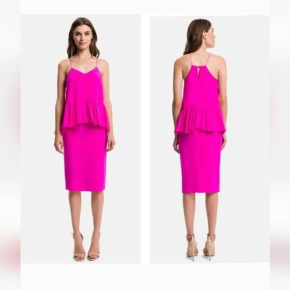 1. State Dresses & Skirts - 1 State Ruffled Midi Sleeveless Peplum Cocktail V-Neck Dress in Fuchsia Size Lg